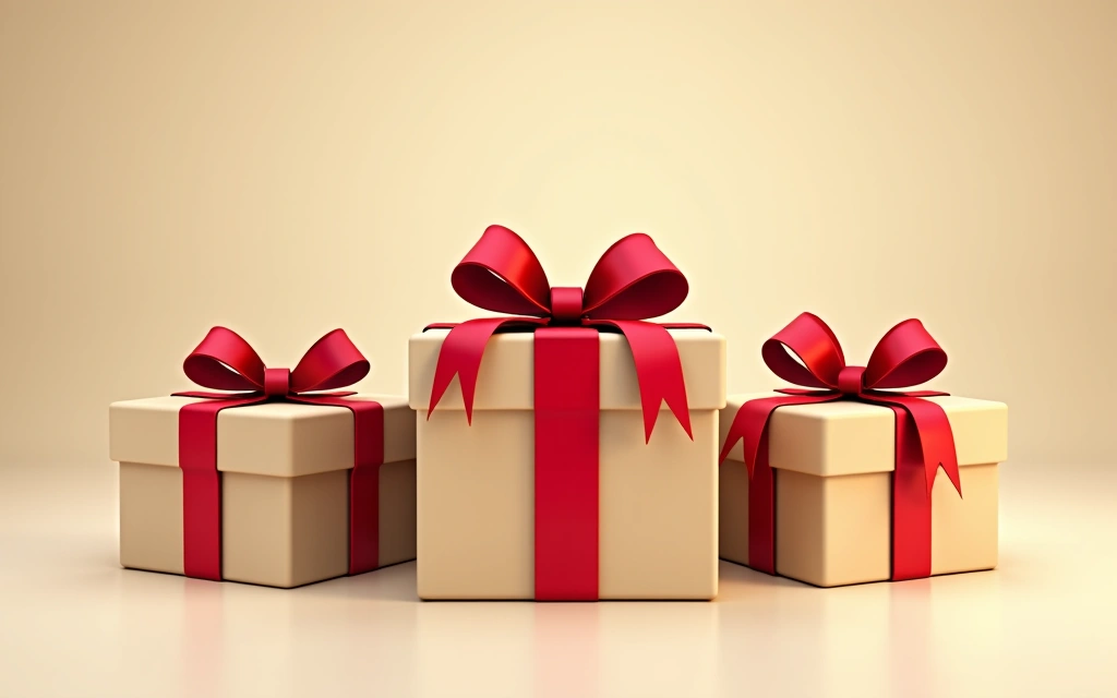 Trzy pudełka prezentowe z kokardkami, symbolizujące pakiety usług i oszczędności.